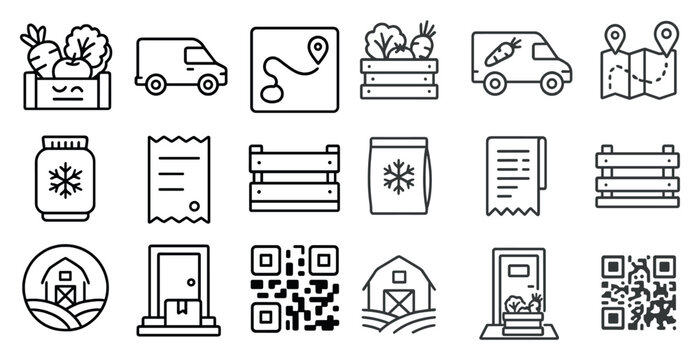 Series of icons for a farm or grocery store. The icons include a truck, a car, a box, a jar, a bag, a sign, a receipt, a map, a building, a barn, a door, a window