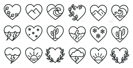 Poster - Collection of hearts with different designs and colors. Some of the hearts have leaves and mountains on them