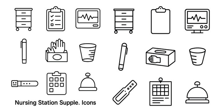 Nursing Station Supplies are a collection of icons that represent various items and tools used in a nursing station