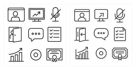 Poster - Set of icons for a computer screen. The icons include a person, a computer monitor, a keyboard, a mouse, a speech bubble, a check mark, a door, a window, a clock, a book