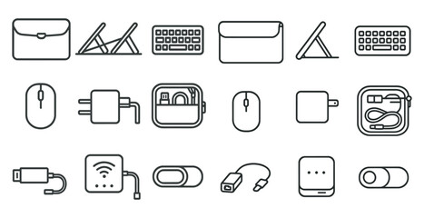 Poster - Collection of items that are related to technology and electronics. The items include a keyboard, mouse, laptop, and a case