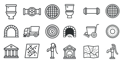 Poster - Collection of various symbols and icons, including a toilet, a truck, a building, and a map