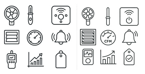 Poster - Set of icons for a home thermostat. The icons include a bell, a fan, a clock, and a price tag