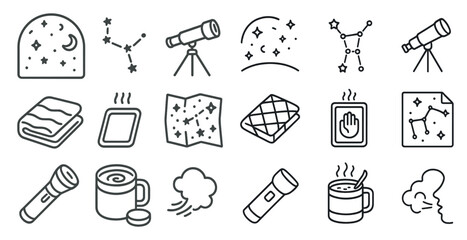 Poster - Collection of icons for various items, including a telescope, a map, a cup of coffee, and a hand