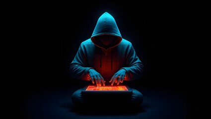 Anonymous hacker coding on laptop cybersecurity concept digital crime and internet fraud