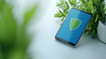 Poster - Smartphone Displaying Security Shield Icon on a Minimalistic Surface Surrounded by Greenery for Cybersecurity Concepts