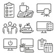 © Olha - Workspace Routine Icons. Line style icons of workspace routines: morning startup checklist, coffee and notes, focused work block,