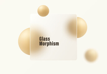 Poster - Glass morphism panel with soft golden spheres on beige background.