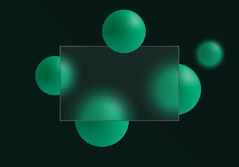 Poster - Dark glass morphism panel with green spheres on black background.