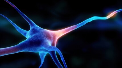 Poster - Spiking Neural Network Concepts. A detailed 3D visualization of a glowing neuron, with dendrites and axon highlighted in vibrant blue and red against a dark background.