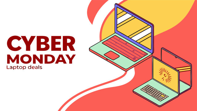 Cyber monday laptop deals promotion with two laptops and red and yellow background design element promotion