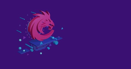Poster - Pink dragon's head symbol on a pedestal of abstract geometric shapes floating in the air. Abstract concept art with flying shapes on the left. 3d illustration on deep purple background