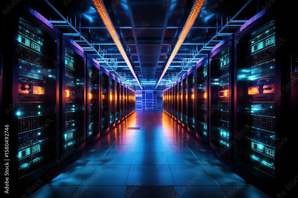 Vivid image of a working data center with Ethernet lines linking ...