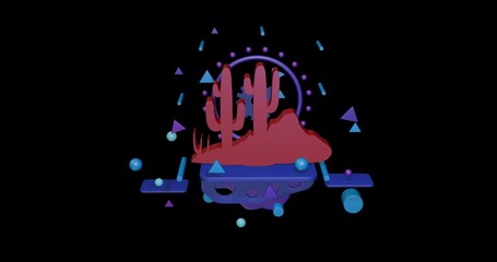 Poster - Red wild cactus symbol on a pedestal of abstract geometric shapes floating in the air. Abstract concept art with flying shapes in the center. 3d illustration on black background