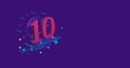 Poster - Pink number ten symbol on a pedestal of abstract geometric shapes floating in the air. Abstract concept art with flying shapes on the left. 3d illustration on deep purple background