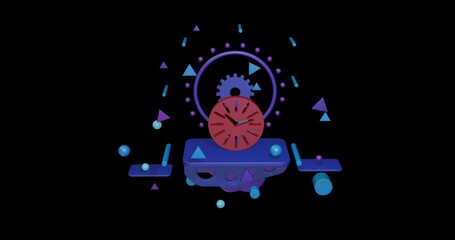 Poster - Red clock symbol on a pedestal of abstract geometric shapes floating in the air. Abstract concept art with flying shapes in the center. 3d illustration on black background