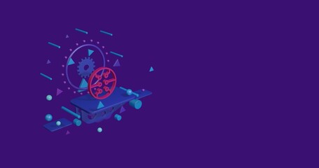 Poster - Pink microcircuit symbol on a pedestal of abstract geometric shapes floating in the air. Abstract concept art with flying shapes on the left. 3d illustration on deep purple background