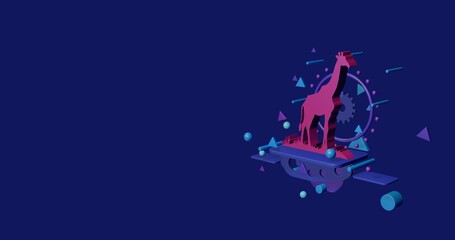 Fototapete - Pink giraffe symbol on a pedestal of abstract geometric shapes floating in the air. Abstract concept art with flying shapes on the right. 3d illustration on indigo background