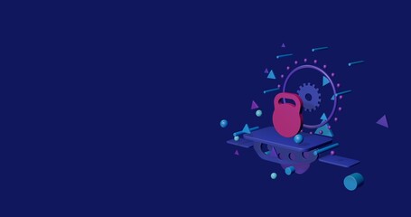Fototapete - Pink sports weight symbol on a pedestal of abstract geometric shapes floating in the air. Abstract concept art with flying shapes on the right. 3d illustration on indigo background