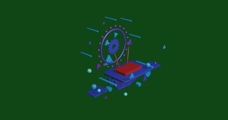 Poster - Red router symbol on a pedestal of abstract geometric shapes floating in the air. Abstract concept art with flying shapes in the center. 3d illustration on green background