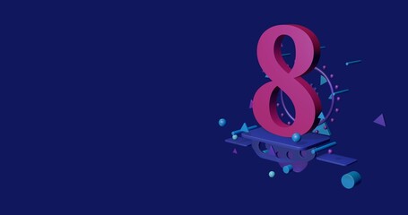 Poster - Pink number eight symbol on a pedestal of abstract geometric shapes floating in the air. Abstract concept art with flying shapes on the right. 3d illustration on indigo background