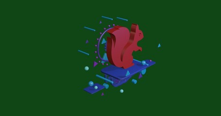 Fototapete - Red squirrel symbol on a pedestal of abstract geometric shapes floating in the air. Abstract concept art with flying shapes in the center. 3d illustration on green background