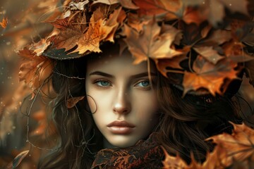 Poster - Model wearing a crown of autumn maple leaves posing in a forest with warm colors