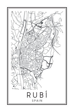 Hand drawn printable downtown road map poster of the Spanish city of RUBÍ on solid white background with city name