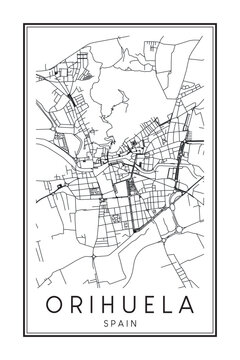 Hand drawn printable downtown road map poster of the Spanish city of ORIHUELA on solid white background with city name