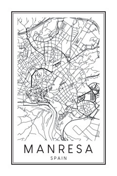 Hand drawn printable downtown road map poster of the Spanish city of MANRESA on solid white background with city name