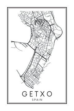 Hand drawn printable downtown road map poster of the Spanish city of GETXO on solid white background with city name