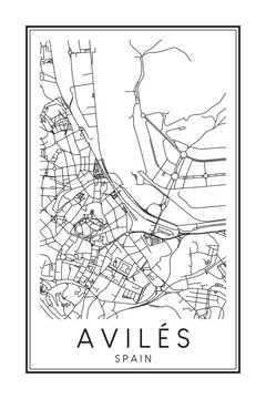 Hand drawn printable downtown road map poster of the Spanish city of AVILÉS on solid white background with city name