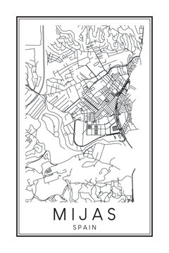 Hand drawn printable downtown road map poster of the Spanish city of MIJAS on solid white background with city name