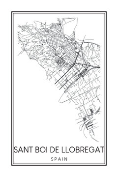 Hand drawn printable downtown road map poster of the Spanish city of SANT BOI DE LLOBREGAT on solid white background with city name