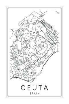 Hand drawn printable downtown road map poster of the Spanish city of CEUTA on solid white background with city name
