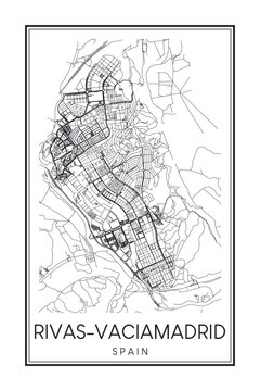 Hand drawn printable downtown road map poster of the Spanish city of RIVAS-VACIAMADRID on solid white background with city name