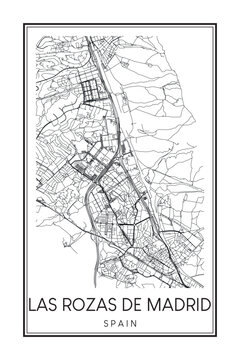 Hand drawn printable downtown road map poster of the Spanish city of LAS ROZAS DE MADRID on solid white background with city name