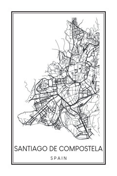 Hand drawn printable downtown road map poster of the Spanish city of SANTIAGO DE COMPOSTELA on solid white background with city name