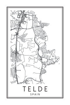 Hand drawn printable downtown road map poster of the Spanish city of TELDE on solid white background with city name