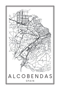 Hand drawn printable downtown road map poster of the Spanish city of ALCOBENDAS on solid white background with city name