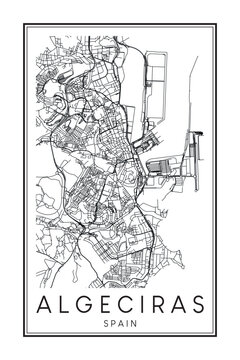 Hand drawn printable downtown road map poster of the Spanish city of ALGECIRAS on solid white background with city name