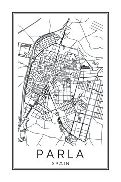 Hand drawn printable downtown road map poster of the Spanish city of PARLA on solid white background with city name