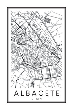 Hand drawn printable downtown road map poster of the Spanish city of ALBACETE on solid white background with city name