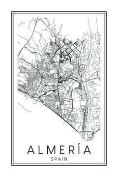 Hand drawn printable downtown road map poster of the Spanish city of ALMERÍA on solid white background with city name