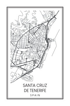 Hand drawn printable downtown road map poster of the Spanish city of SANTA CRUZ DE TENERIFE on solid white background with city name