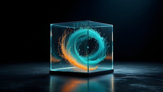 Abstract cube with swirling liquid motion art design for modern technology concept