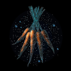 Poster - Futuristic polygonal wireframe carrots bunch with glowing starry sky background digital abstract vector illustration of vegetables in space style