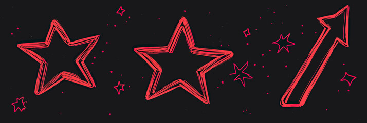 Poster - Hand drawn red outline stars and arrow with sparkle accents on blackboard background doodle style vector illustration for emphasis and decoration graphic design elements