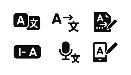 Poster - Translation tools solid icon set. language, text conversion icons solid collection