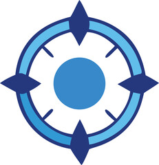Poster - Stylized blue compass rose with a central blue circle and four pointed directional markers on a white background